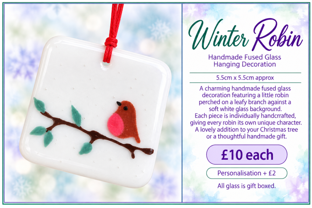 Winter Robin – Handmade Fused Glass Hanging Decoration