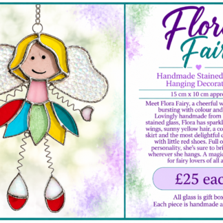 Flora Fairy handmade stained glass fairy with blonde hair, colourful dress and delicate wings by Stramash Creations.