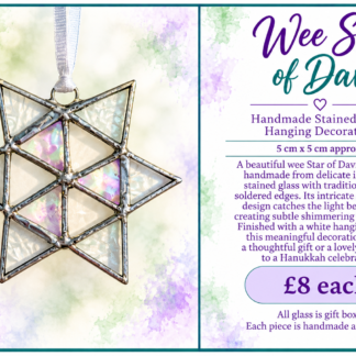 Wee Star of David handmade stained glass hanging decoration with iridescent glass and silver-coloured edging by Stramash Creations.