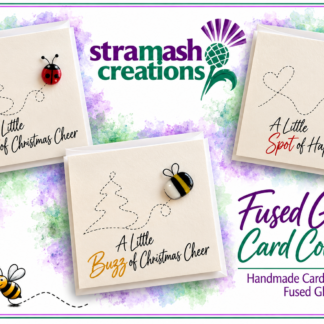 Stramash Creations collection cover featuring handmade greeting cards decorated with colourful fused glass bees and ladybirds, displayed against a soft green and purple watercolour background.