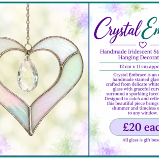 Crystal Embrace handmade white iridescent stained glass heart with hanging crystal by Stramash Creations.