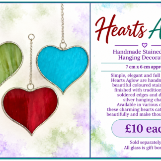 Hearts Aglow handmade stained glass hanging hearts in green, turquoise and red by Stramash Creations.