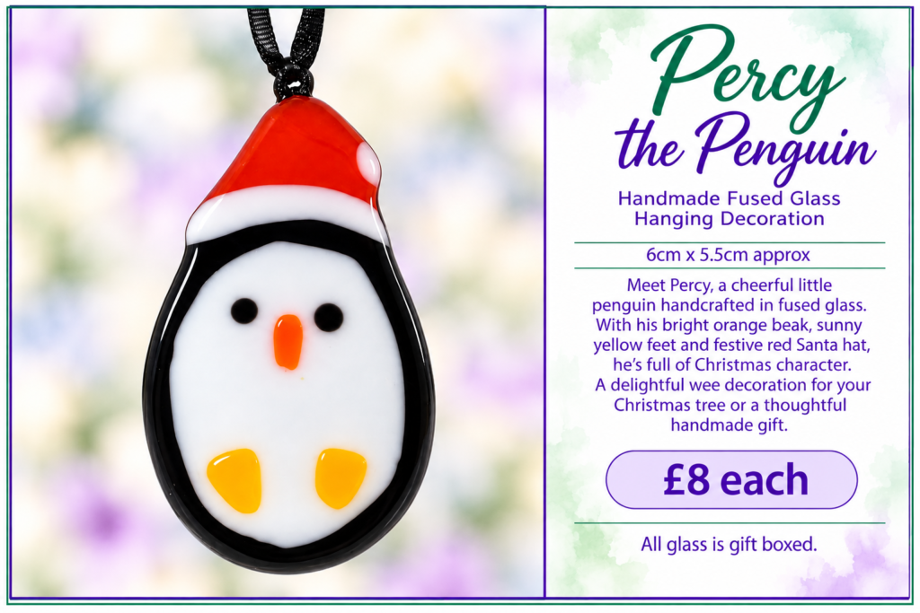 Percy the Penguin Handmade Fused Glass Hanging Decoration