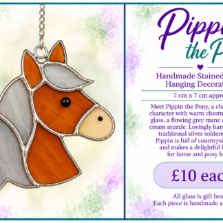 Pippin the Pony handmade stained glass pony with chestnut brown head, grey mane and cream muzzle by Stramash Creations.