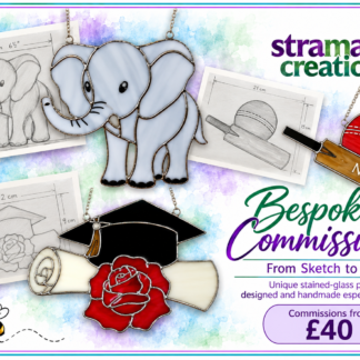 Stramash Creations Bespoke Commissions collection cover featuring a handmade stained glass elephant and examples of personalised glass artwork, including a graduation cap and red rose.