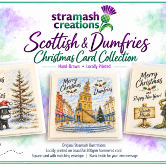 Scottish and Dumfries Christmas card collection by Stramash Creations, featuring a festive Belted Galloway cow, Dumfries Midsteeple and a cheerful Scottish thistle character.